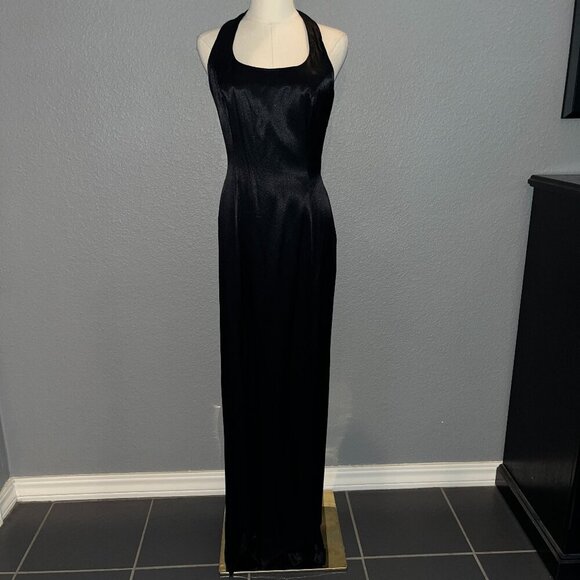 Nadine Dresses & Skirts - VINTAGE NADINE BLACK SATIN BACKLESS HALTER MAXI GOWN POCKETS Made in USA NWT - 9